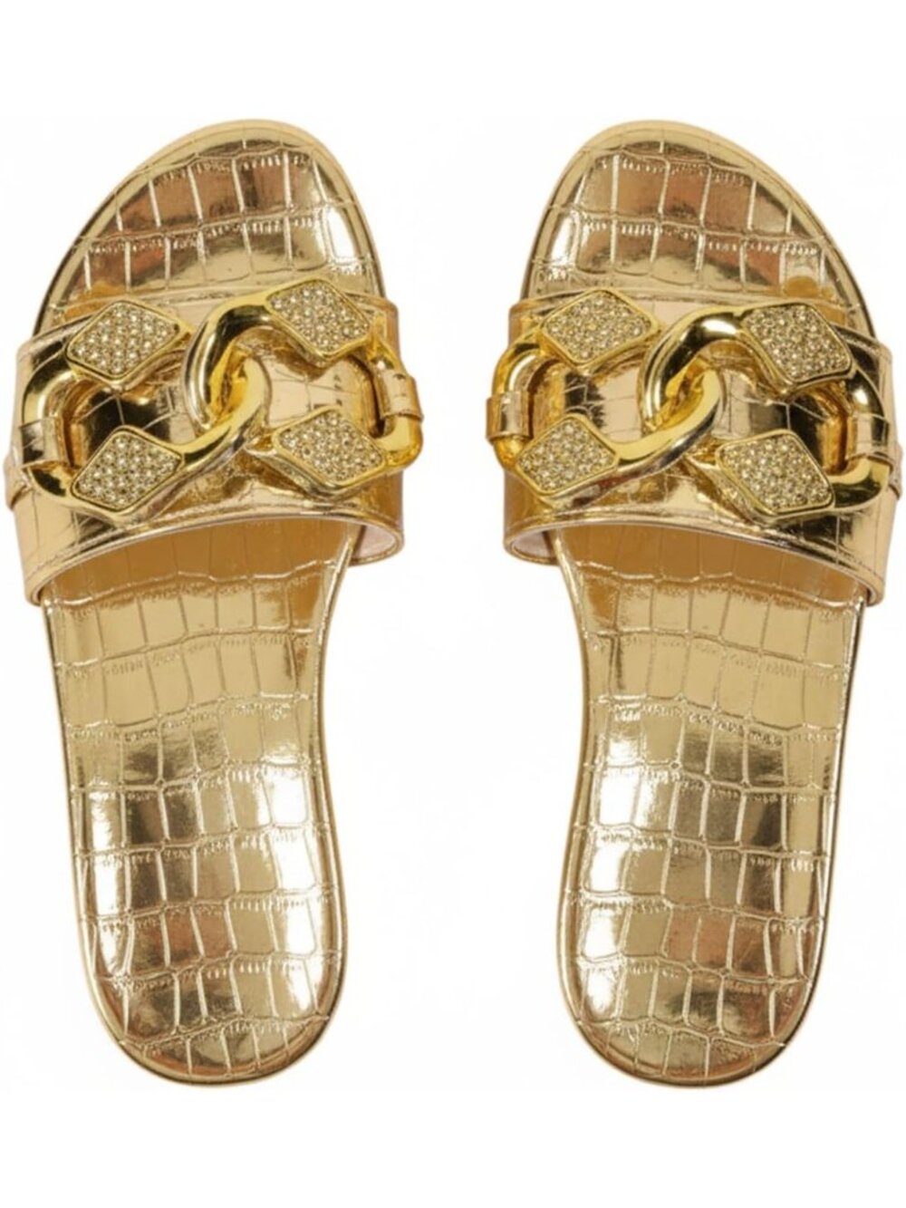 🆕Women's Gold 1 Gold Chain Crocodile Embossed Sandals Dressy Metallic Flat